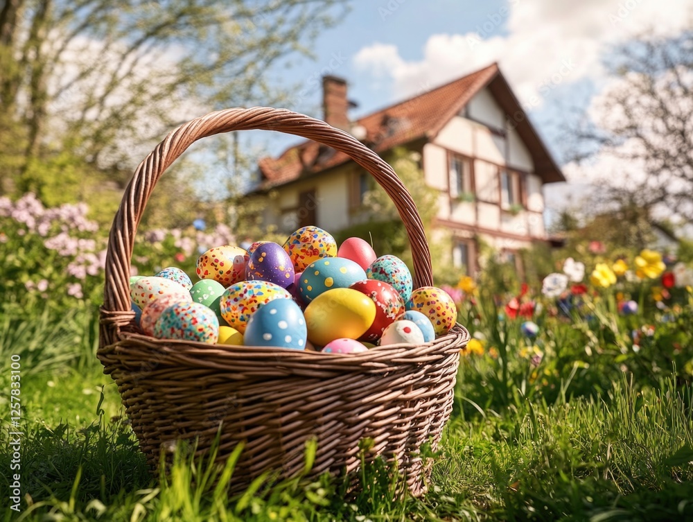 Colorful Easter eggs in a basket on a grassy lawn in front of a house, depicting the holiday spirit. Colorful Easter eggs in a basket on a grassy lawn in front of a house, depicting the holiday spirit.