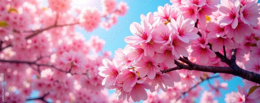 A lush canopy of cherry blossoms forming a vibrant pink cloud against a sunny sky , sun, spring scene, blossom tree A lush canopy of cherry blossoms forming a vibrant pink cloud against a sunny sky , sun, spring scene, blossom tree