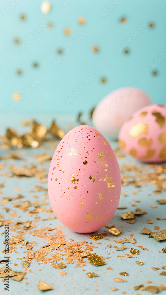 Obraz premium Pink Easter egg with gold speckles surrounded by golden confetti on a pastel background for the Easter concept 