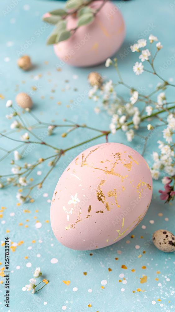 Obraz premium Decorative pink Easter egg with golden accents surrounded by flowers and confetti for the Easter concept 