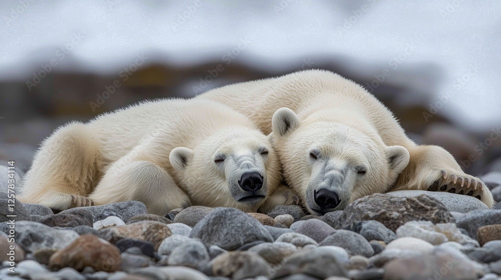 Obraz premium In a serene moment on Axel Island, a mother polar bear and her cub rest close together on smooth, cool stones. Their fur glimmers softly in the natural light, embodying warmth and affection