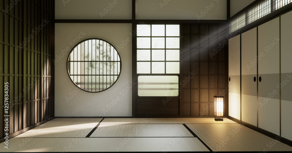 Obraz premium Modern japan style empty room decorated with Lamp and tatami mat.
