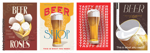 Beer cover typography template for advertising design. Food posters and greeting cards with brewery beverage in glass cups, pouring lager in mug, wheat alcohol drink with foam. Vector illustration.