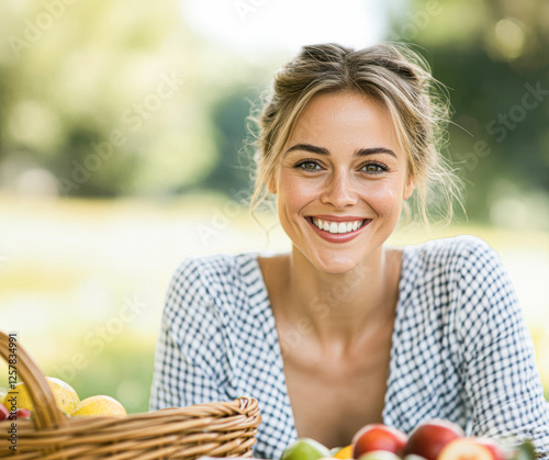 Joyful woman collecting apples in orchard nature's bounty photo