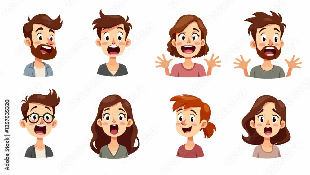 set of diverse cartoon male and female characters, each expressing surprise and happiness. These people vividly show their emotions, making it an ideal vector illustration for designs or conveying jo set of diverse cartoon male and female characters, each expressing surprise and happiness. These people vividly show their emotions, making it an ideal vector illustration for designs or conveying jo