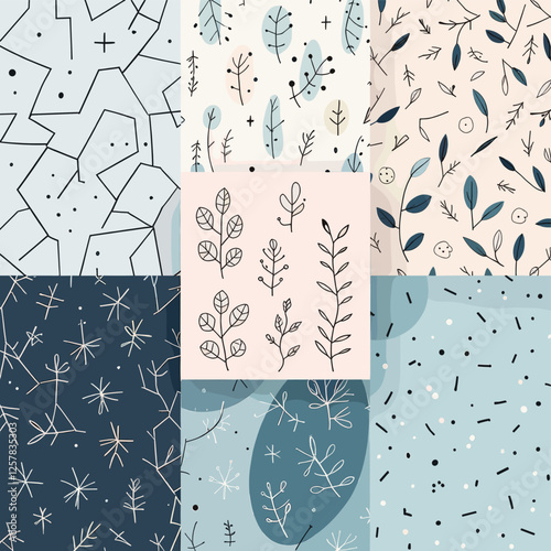The six square patterns are arranged in a 2x3 grid, each featuring a unique design with a combination of geometric shapes, lines, and plant-like elements. Vector patterns, random pattern
