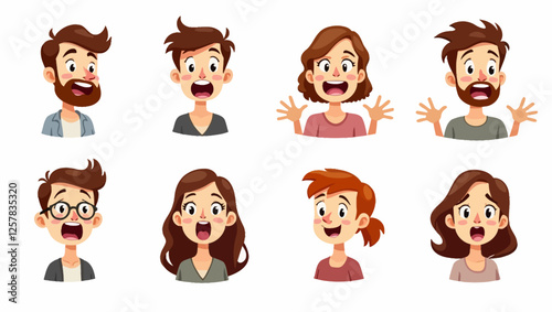  set of diverse cartoon male and female characters, each expressing surprise and happiness. These people vividly show their emotions, making it an ideal vector illustration for designs or conveying jo