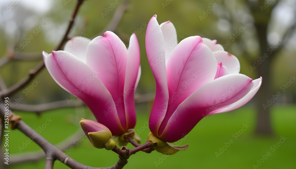 Close-Up of Two Pink Magnolia Flowers – Vibrant Bloom, Soft Velvety Petals, Green Foliage, Blurred Garden Background, Tranquil Nature Scene, and Serene Botanical Beauty. Close-Up of Two Pink Magnolia Flowers – Vibrant Bloom, Soft Velvety Petals, Green Foliage, Blurred Garden Background, Tranquil Nature Scene, and Serene Botanical Beauty.