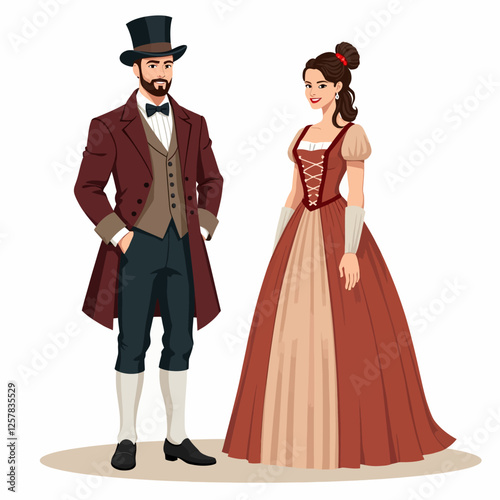 A young couple in elegant Victorian and Renaissance clothing. The gentleman wears a formal hat and costume, while the lady dons a long, flowing 19th-century gown, showcasing vintage fashion.