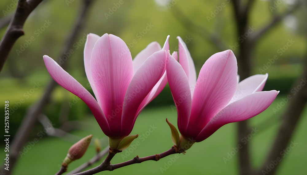 Close-Up of Two Pink Magnolia Flowers – Vibrant Bloom, Soft Velvety Petals, Green Foliage, Blurred Garden Background, Tranquil Nature Scene, and Serene Botanical Beauty. Close-Up of Two Pink Magnolia Flowers – Vibrant Bloom, Soft Velvety Petals, Green Foliage, Blurred Garden Background, Tranquil Nature Scene, and Serene Botanical Beauty.