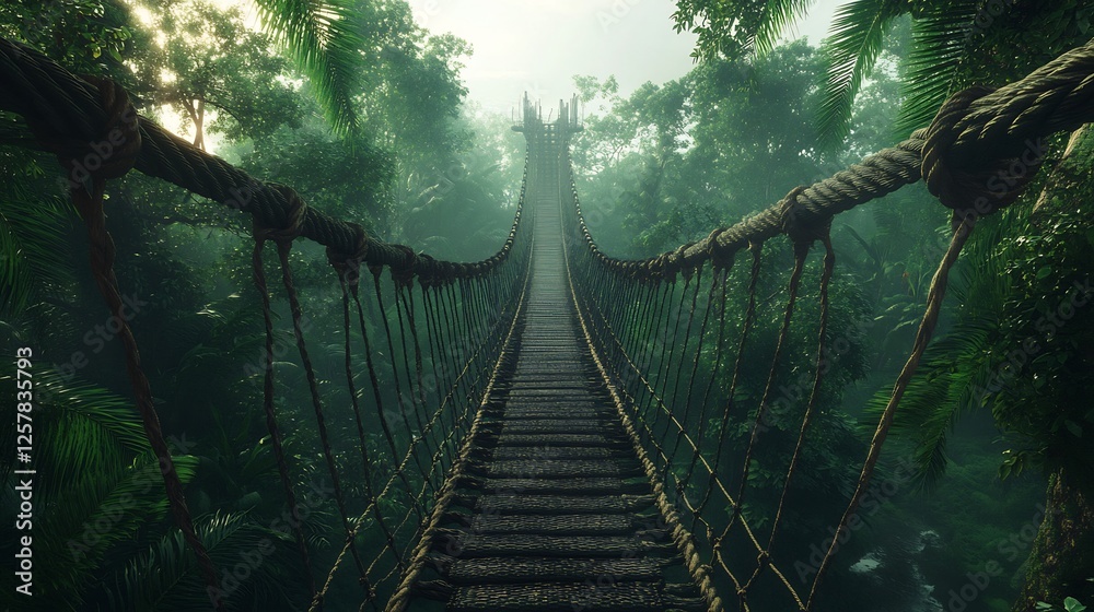 Fototapeta premium Mysterious Jungle Rope Bridge Beckons Soft Light Envelops Ancient Path. AI Generated