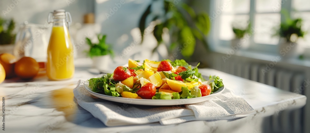 Corn Salad on a Plate over Tea Towel on Marble Background Corn Salad on a Plate over Tea Towel on Marble Background
