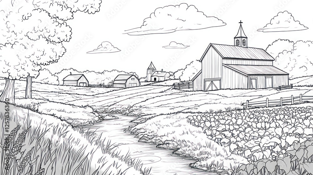 Fototapeta premium Rural landscape, creek, barn, church, farmland; idyllic scene for coloring book