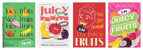 Juicy fruits cover typography template for advertising design. Food posters and greeting cards with tropical dragon fruit, banana, apple, plum, coconut, orange, lemon and other. Vector illustration.