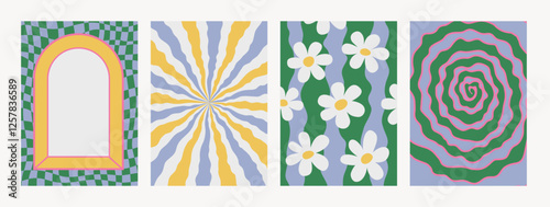Abstract psychedelic retro pattern set. Groovy backgrounds in retro colors. Trendy twisted funky vector texture in abstract y2k style. Vector graphic for posters and art prints