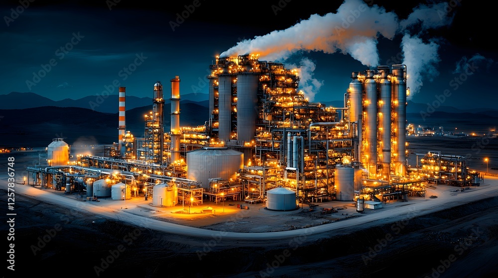 Obraz premium Aerial view of a large scale industrial manufacturing plant or refinery at night with towering smokestacks pipes and infrastructure illuminated against a dark urban skyline