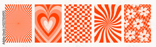 Abstract psychedelic pattern set. Groovy backgrounds with hearts and flowers in red colors. Trendy funky vector textures in abstract y2k style. Vector graphic for posters and art prints.