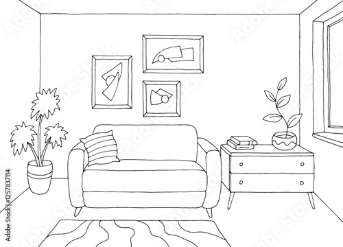 Living room graphic black white home interior sketch illustration vector 