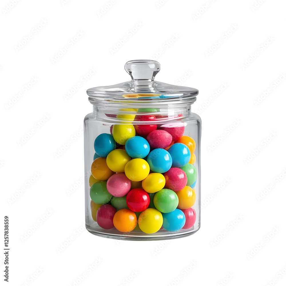 A glossy candy jar filled with rainbow-colored sweets, reflecting light in a candy A glossy candy jar filled with rainbow-colored sweets, reflecting light in a candy