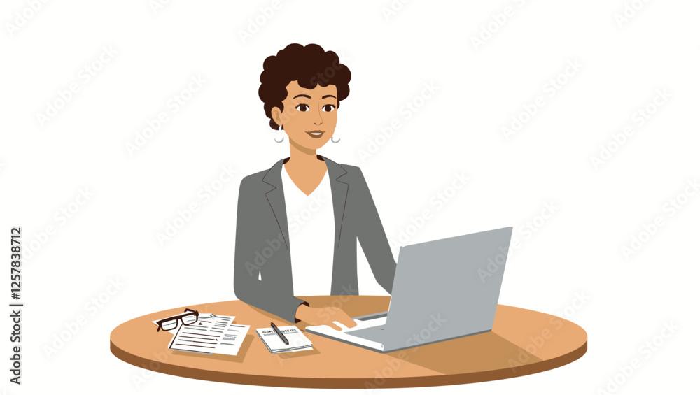 Woman works at her desk with laptop and papers. Businessman filling out documents, signing and sitting at round table. Vector illustration on white background. Woman works at her desk with laptop and papers. Businessman filling out documents, signing and sitting at round table. Vector illustration on white background.