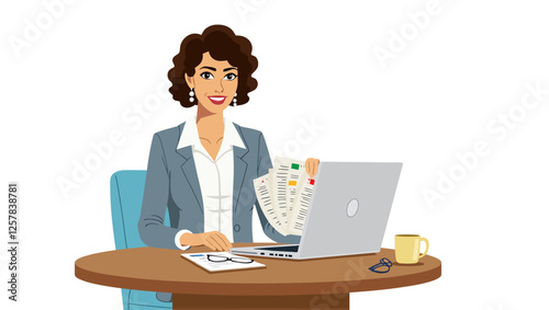 Woman works at her desk with laptop and papers. Businessman filling out documents, signing and sitting at round table. Vector illustration on white background.