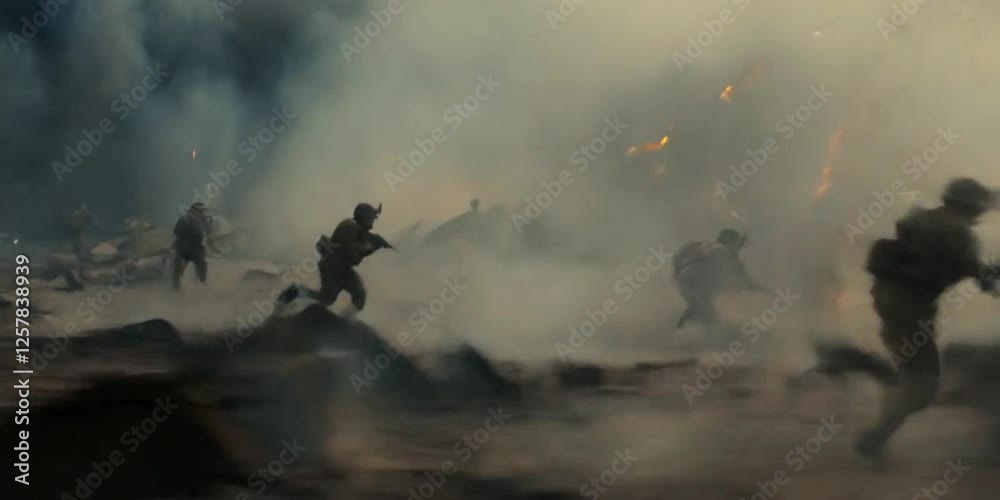 Soldiers running through the war zone while massive explosions occur everywhere, continuous bomb blasts in the battlefield with dust and smoke while the fighters run for safety Generative AI