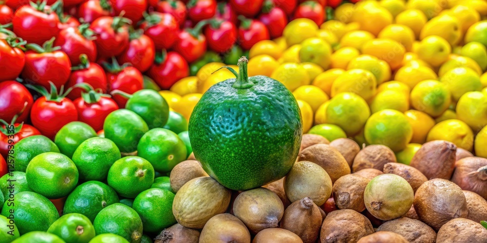 A vibrant green lemon, sharply focused, dominates this high-depth-of-field market still life. A vibrant green lemon, sharply focused, dominates this high-depth-of-field market still life.