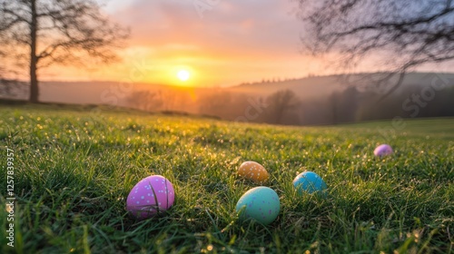 easter morning with colorful eggs on a meadow at sunrise