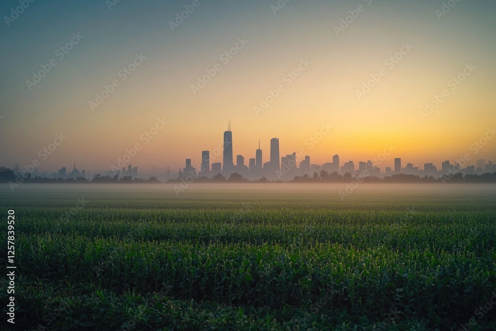 Obraz premium A tranquil rural scene set against a striking city skyline during sunset.