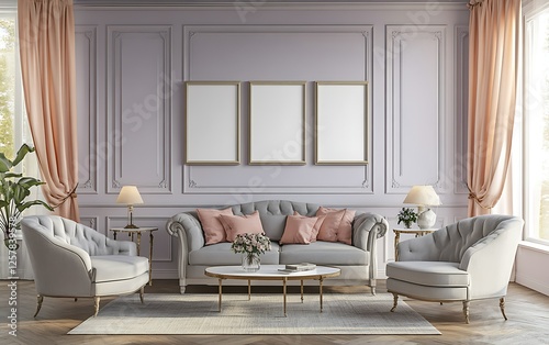 Elegant living room, pastel walls, sofa, armchairs, mockup frames photo