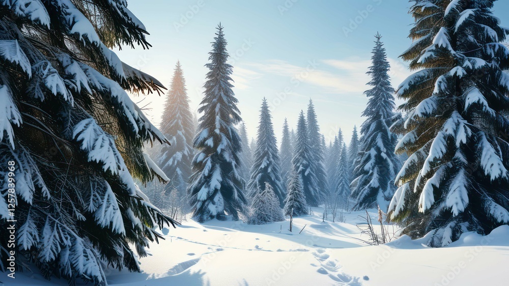 Fototapeta premium Beautiful winter forest with snow covered trees, serene atmosphere, ideal for outdoor activities, holidays, and peaceful retreats