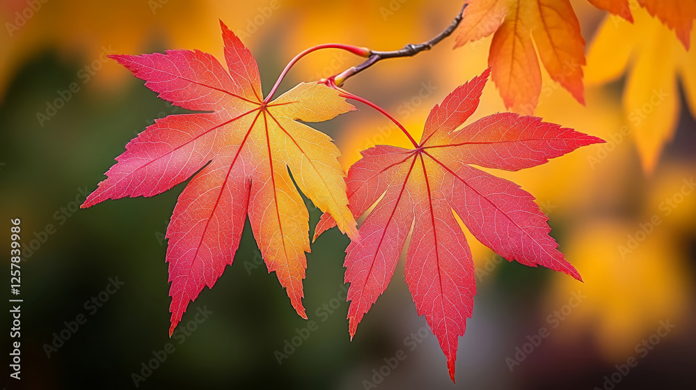 Close up of vibrant autumn maple leaves showcasing rich red and yellow hues, capturing essence of fall beauty and warmth Close up of vibrant autumn maple leaves showcasing rich red and yellow hues, capturing essence of fall beauty and warmth