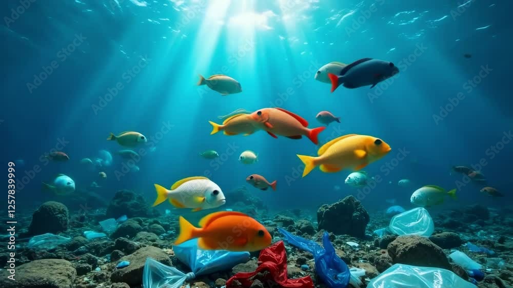Beautiful colorful fish swim in water polluted with waste. Concept pollution in the ocean. A significant environmental issue Beautiful colorful fish swim in water polluted with waste. Concept pollution in the ocean. A significant environmental issue