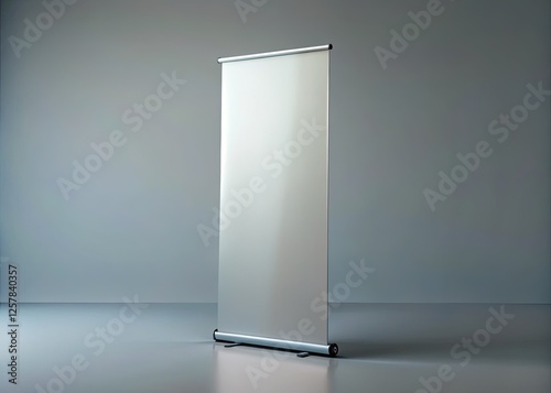 Blank retractable banner stand mockup. Grey background, panoramic photo, perfect for advertising or exhibition displays.