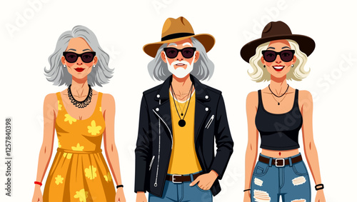 
Fashionable older people dressed stylishly in modern clothes. Elderly individuals attract attention with contemporary clothes that reflect their elegance and youthful spirit. vector illustration.