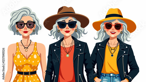 
Fashionable older people dressed stylishly in modern clothes. Elderly individuals attract attention with contemporary clothes that reflect their elegance and youthful spirit. vector illustration.