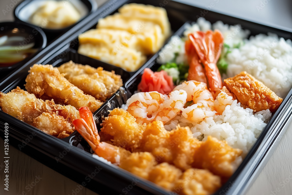 A neatly arranged bento box featuring tamagoyaki, rice, and shrimp tempura A neatly arranged bento box featuring tamagoyaki, rice, and shrimp tempura