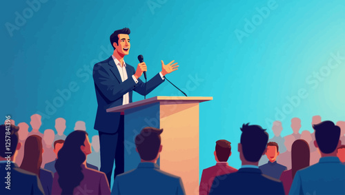 Vector illustration of a man giving a speech on stage. The man who demonstrates leadership through public speaking speaks to his audience in an impressive way.