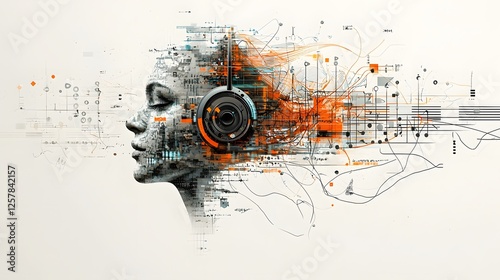 Futuristic abstract visual representation of music soundwaves and Featuring a dynamic colorful and high tech composition with geometric shapes neon accents and a intelligence inspired aesthetic photo