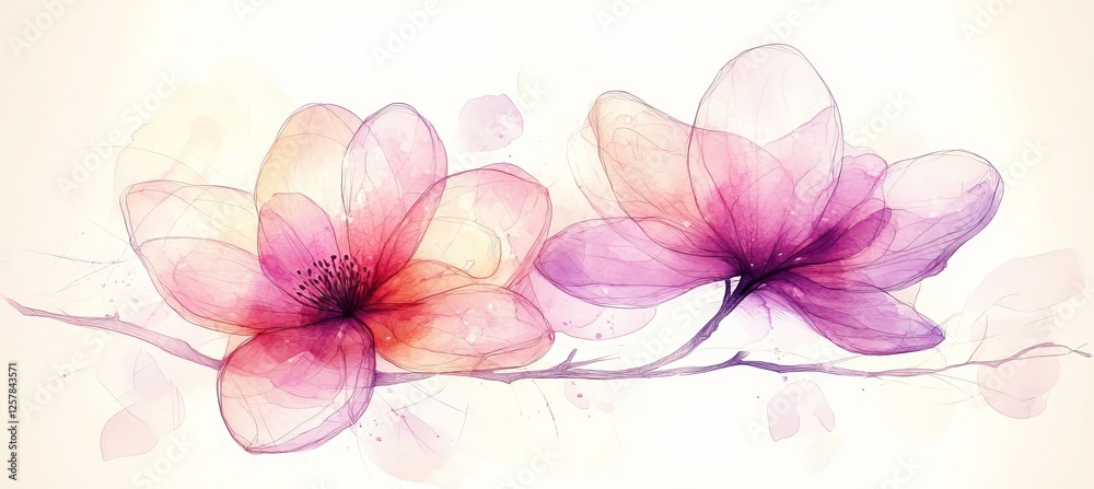 Fototapeta premium Watercolor Floral Illustration, Delicate Magnolia Flowers, Soft Pastel Colors, Gentle Art Print