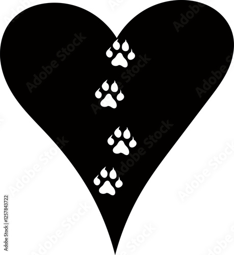 A black and white vector drawing of dog or cat footprints in the centre of a heart 