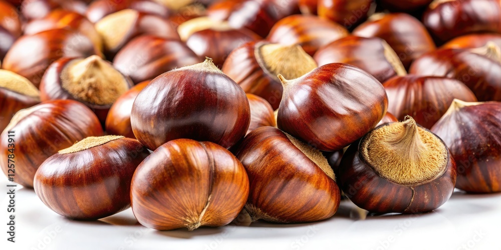 Close-up chestnut textures: sharp details of brown nuts showcased on white. Close-up chestnut textures: sharp details of brown nuts showcased on white.