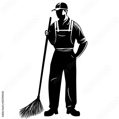 Black and white illustration Street cleaner. Man with a broom. Janitor.