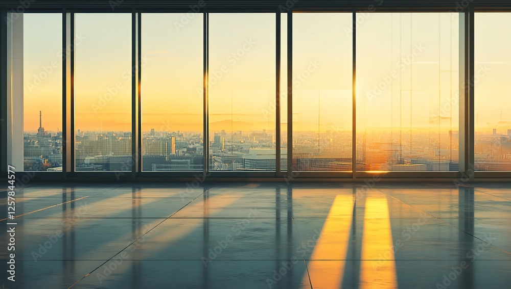 Fototapeta premium Sunrise Cityscape: Golden Hour Views from Modern Office Windows, Illuminating Floor Reflections