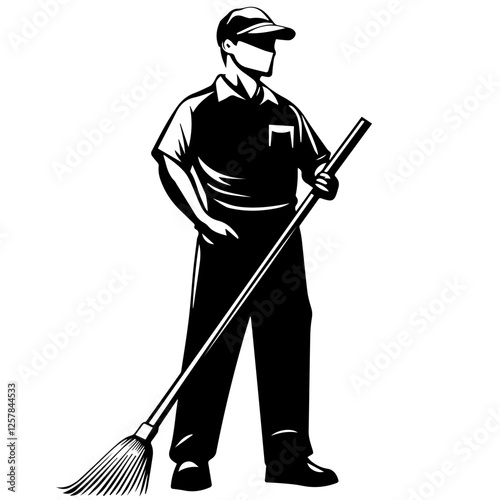 Black and white illustration Street cleaner. Man with a broom. Janitor.