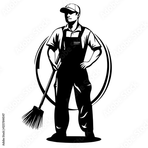 Black and white illustration Street cleaner. Man with a broom. Janitor.