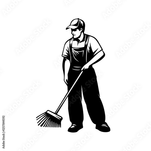 Black and white illustration Street cleaner. Man with a broom. Janitor.