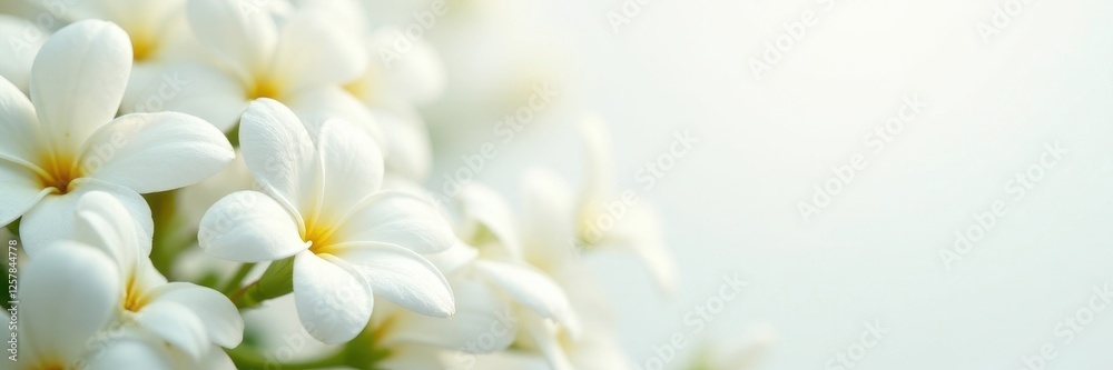 Fototapeta premium Airborne jasmine flowers, pristine white petals against a stark white backdrop , floating, high-resolution