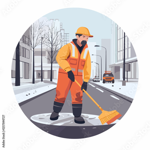 Illustration Street cleaner. Man with a broom. Janitor.