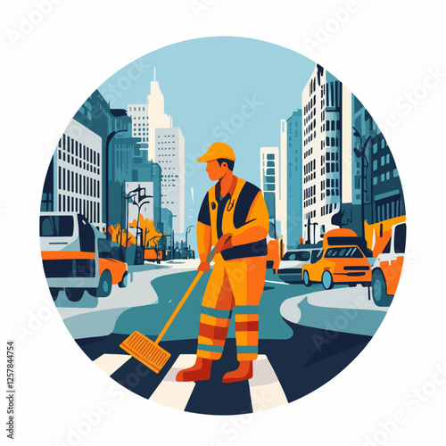 Illustration Street cleaner. Man with a broom. Janitor.